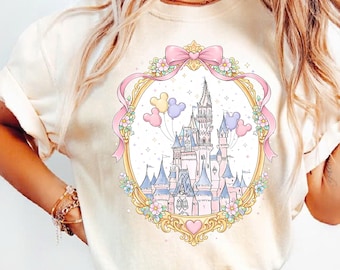 Retro Disney Castle Bow Shirt Cute Coquette Mickey Balloon Tee, Pastel Magic Kingdom Shirt, Disney Trip Tee, Disney Family Vacation Trip Tee