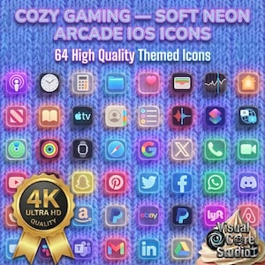 Può includere: Grafica digitale con 64 icone di app iOS a tema con una morbida luce al neon. Le icone sono disposte su uno sfondo blu a maglia. Il testo "COZY GAMING - SOFT NEON ARCADE IOS ICONS" è in alto, con "64 High Quality Themed Icons" sotto.