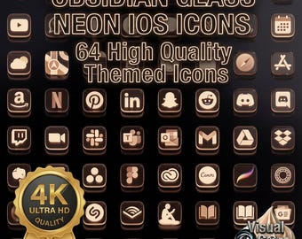 iOS Icon-Paket | 64 4K PNG-Dateien | Obsidian Glas Neon | Dunkles Startbildschirm-Design