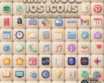 Gestrickte App Icons | 4K 3D Wolle Textur | 64 Gemütliche Kawaii Ästhetik | iPhone Android macOS Theme