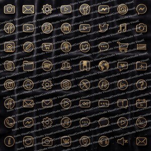 May include: A collection of gold-colored social media and communication icons on a black background. The icons include symbols for camera, email, music, and social media platforms. The icons are arranged in a grid pattern.