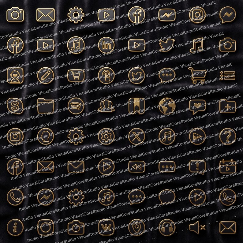 May include: A collection of gold-colored social media and communication icons on a black background. The icons include symbols for camera, email, music, and social media platforms. The icons are arranged in a grid pattern.