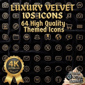 May include: A collection of 64 high-quality, themed app icons in gold and black. The words "Luxury Velvet iOS Icons" are displayed at the top. A gold 4K Ultra HD Quality seal is in the lower left corner.