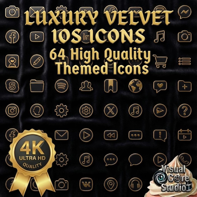 May include: A collection of 64 high-quality, themed app icons in gold and black. The words "Luxury Velvet iOS Icons" are displayed at the top. A gold 4K Ultra HD Quality seal is in the lower left corner.