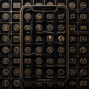 May include: A black smartphone with a gold frame and gold icons, including social media and music apps, is displayed against a black textured background with gold square accents. The phone's screen showcases various app icons.