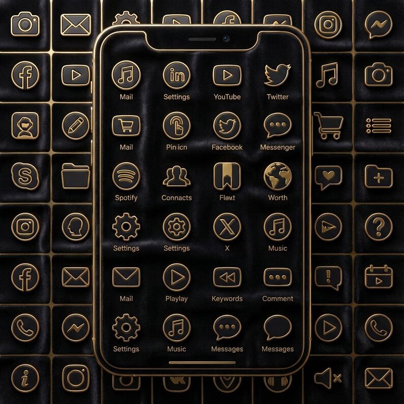 May include: A black smartphone with a gold frame and gold icons, including social media and music apps, is displayed against a black textured background with gold square accents. The phone's screen showcases various app icons.