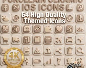 iOS Icon-Paket | 64 4K PNG-Dateien | Porzellan Keramik Beige | Neutrales Startbildschirm-Design