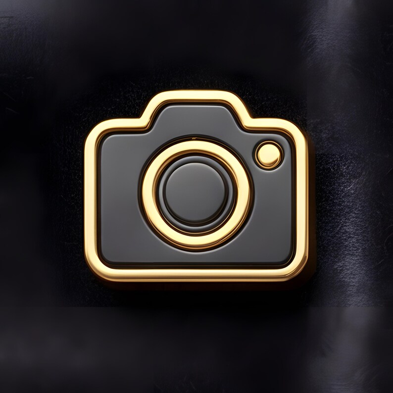 May include: A glossy black camera icon with a gold border and accents. The camera lens and button are also gold. The icon is set against a dark, textured background, creating a striking contrast.
