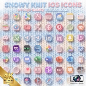 May include: A collection of 64 iOS app icons with a snowy knit theme. The icons are in various pastel colors and feature popular app logos. The image includes the text "SNOWY KNIT IOS ICONS" and "64 High Quality Themed Icons."