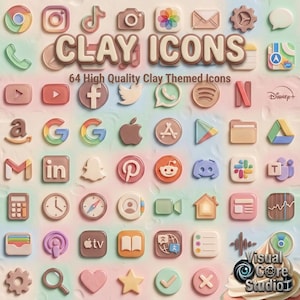 Könnte beinhalten: Eine Sammlung von 64 App-Symbolen im Ton-Stil in verschiedenen Pastellfarben. Die Icons umfassen Social-Media-, Kommunikations- und Unterhaltungssymbole. Der Text "CLAY ICONS" und "64 High Quality Clay Themed Icons" ist zu sehen.
