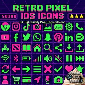 May include: A digital graphic featuring a grid of 64 pixel-themed iOS icons in green and pink on a dark blue background. The text "RETRO PIXEL IOS ICONS" is at the top, with "50000" and "64 High Quality Pixel Themed Icons" below.