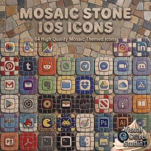 Może przedstawiać: Zestaw 64 ikon iOS w stylu mozaiki. Każda kwadratowa ikona ma mozaikowy wzór i inne logo aplikacji. Tło to kamienna ściana. Tekst "MOSAIC STONE IOS ICONS" znajduje się na górze.