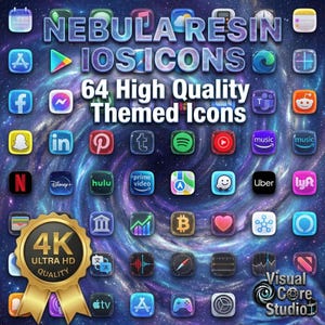 Könnte beinhalten: Eine Sammlung von 64 hochwertigen, thematischen iOS-Symbolen mit einem Nebula-Harz-Design. Die Symbole zeigen beliebte App-Logos wie Facebook, Netflix und Spotify vor einem lebendigen, Weltraum-Themenhintergrund. Enthält ein 4K Ultra HD Quality-Abzeichen.