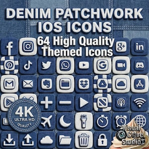 Könnte beinhalten: Eine Sammlung von 64 hochwertigen, thematischen iOS-Symbolen mit einem Denim-Patchwork-Design. Die Symbole zeigen Social-Media- und App-Symbole in Weiß auf blauem Denim-Hintergrund. Der Text "DENIM PATCHWORK IOS ICONS" und "4K ULTRA HD QUALITY" ist enthalten.