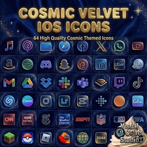 Peut inclure: Une collection de 64 icônes iOS sur le thème cosmique, avec des logos d'applications comme Spotify, Facebook et YouTube, sur un fond bleu foncé avec le texte doré "COSMIC VELVET IOS ICONS". Les icônes ont un design lumineux et spatial.