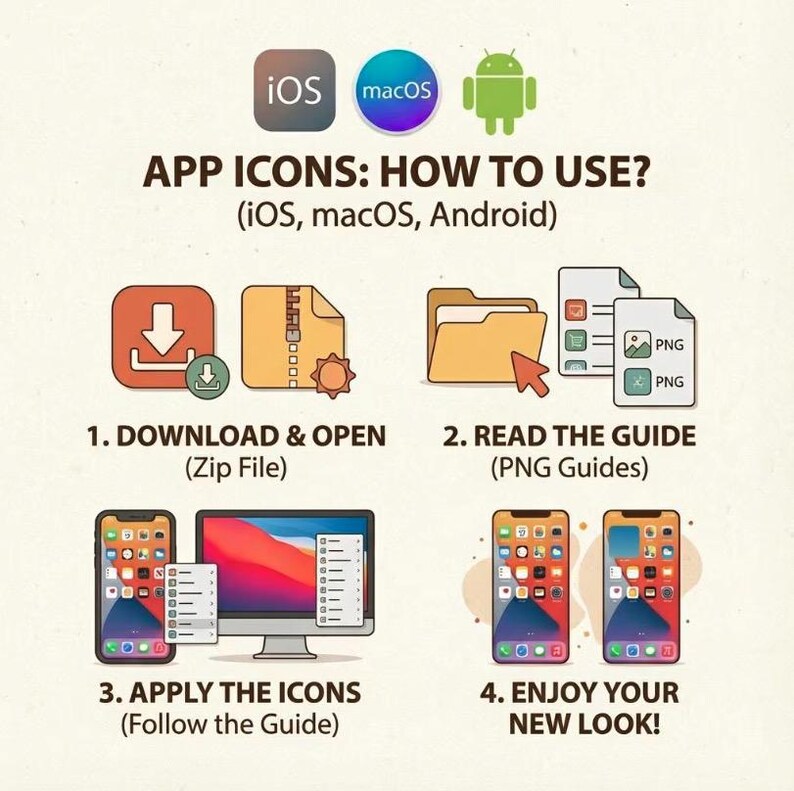 May include: A graphic illustrating how to use app icons on iOS, macOS, and Android devices. The image includes icons for download, opening a zip file, reading a guide, applying the icons, and enjoying the new look. The text reads "APP ICONS: HOW TO USE?"