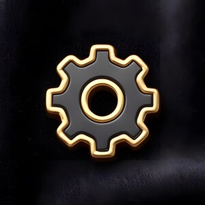 May include: A glossy black gear icon with a gold outline and inner circle. The gear is centered on a dark, textured background, creating a contrast that highlights the metallic details.