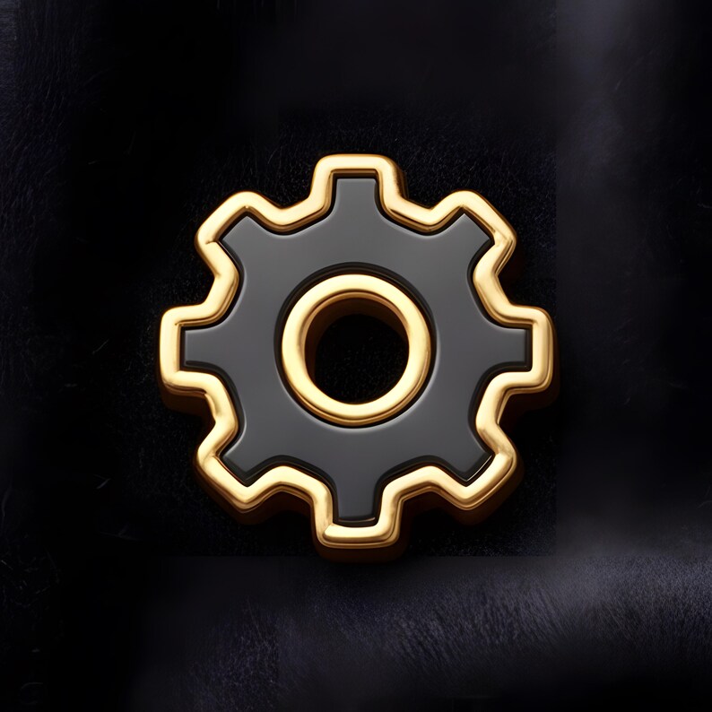 May include: A glossy black gear icon with a gold outline and inner circle. The gear is centered on a dark, textured background, creating a contrast that highlights the metallic details.