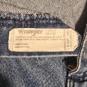 Vintage Wranglers 13MWZ Jeans, USA Made 80s/90s, Hand-Stitched Sashiko Repair, 33x32 image 4