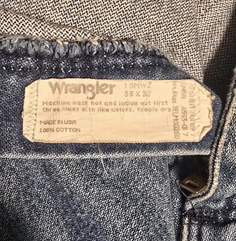 Vintage Wranglers 13MWZ Jeans, USA Made 80s/90s, Hand-Stitched Sashiko Repair, 33x32 image 4