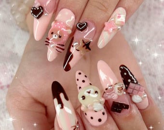 Chocolate Bear Press On Nails: 3D Candy Kawaii Design