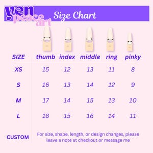 May include: A purple and light pink size chart for press-on nails featuring illustrations of five nail shapes labeled thumb, index, middle, ring, and pinky. The grid displays numerical measurements in millimeters for sizes XS, S, M, and L.