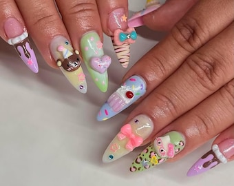 3D Kawaii Ice Cream Press On Nails – Handmade Pastel Dessert Nail Art