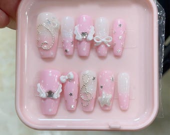 Handmade Pink Angel Press On Nails, Kawaii Bow Star Gel Nails