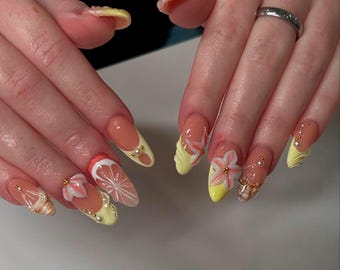 Yellow Floral Press On Nails | 3D Flower & Citrus Design | Glossy Summer Almond Nails