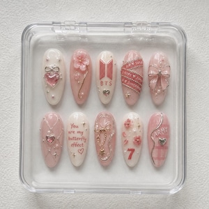 BTS Butterfly Effect Press On Nails | BTS Logo Pink Press On Nails | Cherry Blossom Concert Nails | Handmade Gel Nails | ARMY Fan Gift
