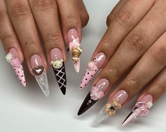 Handmade Chocolate Teddy 3D Press On Nails, Kawaii Nail Art