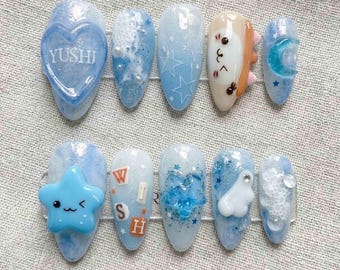 NCT Wish – Uñas postizas inspiradas en Yuushi / Set de uñas Kawaii azul, diseño 3D de estrella, oso y nube