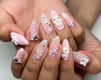 Rosa Pärla Kawaii Press On Naglar, 3D Fe Rosett Nagelkonst