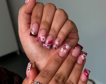 Wine Red Floral Press On Nails: Burgundy French Tip, Hand Painted