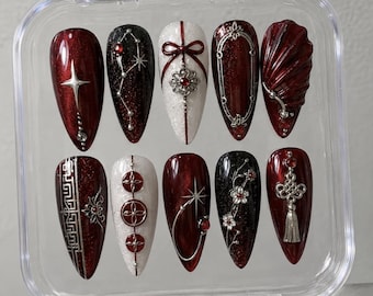 ARIRANG World Tour Inspired Press On Nails | Kpop Concert Nails | Burgundy Red Press On Nails | Handmade Gel Nails | Elegant Fan Gift