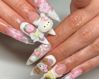 Handmade 3D Bunny Bear Press On Nails, Kawaii Pastel Dessert Nail Art