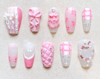 Rosa Schleife Drücken Sie auf die Nägel, 3D-Band, gesteppte Perle, Girly Nagel-Set