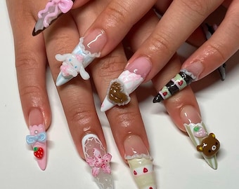 Handmade 3D Bear Press On Nails, Kawaii Dessert Nail Art