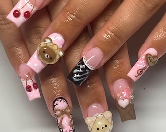 Handmade 3D Bear Press On Nails, Kawaii Dessert Nail Art Set