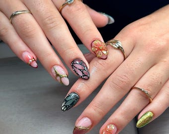 Art Nouveau Butterfly Press On Nails: Stained Glass, Gold Jewel Tones