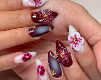 Burgundy 3D Flower Nails – Gradient Pink Press On Nails with Handcrafted Floral Design