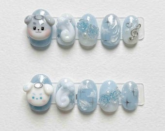 ZB1 Inspired Press-On Nails – Soft Blue Kawaii Nail Set | Cute Puppy, Cloud & Star 3D Design