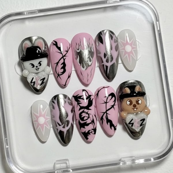 Uñas postizas inspiradas en Minsung / Uñas estilo Stray Kids SKZOO / Uñas cromadas rosas / Uñas Kpop / Uñas lindas y atrevidas