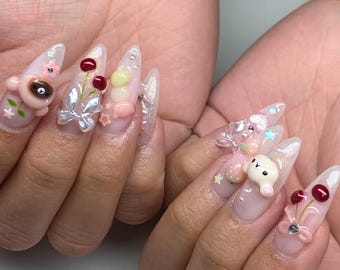 Handmade 3D Bear Cherry Press On Nails: Kawaii Pastel Nail Art