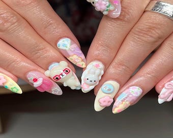 Kawaii 3D Bear Press On Nails: Pastel Cartoon Long Nails