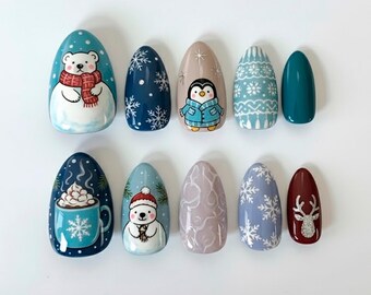 Winter Animal Nail Art | Polar Bear, Penguin & Snowflake Press-On Nails | Hand-Painted Cozy Christmas Nails