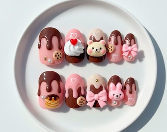 Chocolate Drip Press On Nails, Kawaii Dessert Bunny Bear Nail Set