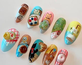 3D Katze Cafe Press On Nägel - Kawaii Handgemachte Gel Nail Art