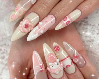 Sweet Strawberry Dream 3D Nail Art – Pastel Pink Kawaii Press On Nails