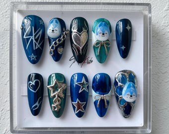 Stray Kids Press On Nails | SKZ Nails | Kpop Nails | Blue Aesthetic Nails | Idol Inspired Nails | Handmade Nails